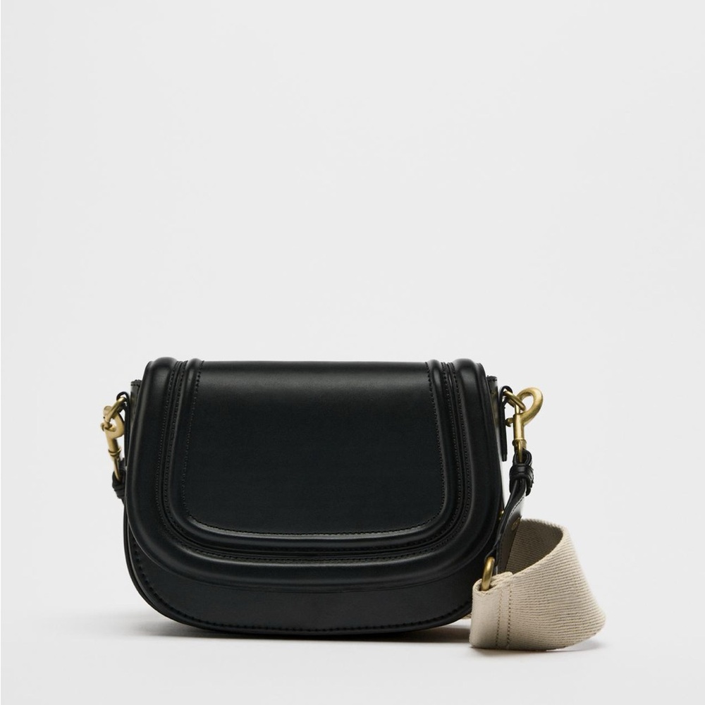 Zara Black Structured Crossbody Saddle Bag Gold Hardware Wide Strap